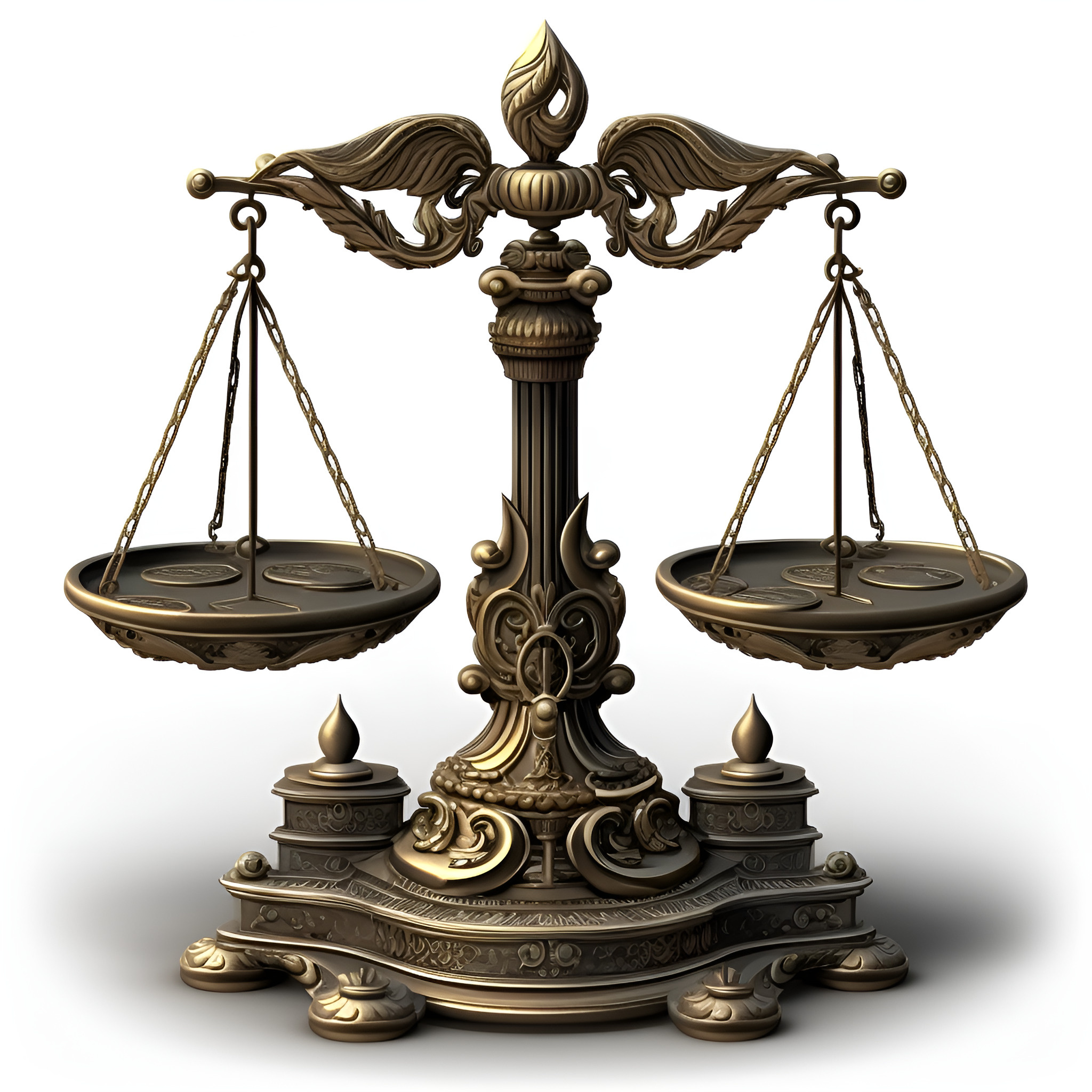 Justice law decisions concept Balanced gold scale isolated on white